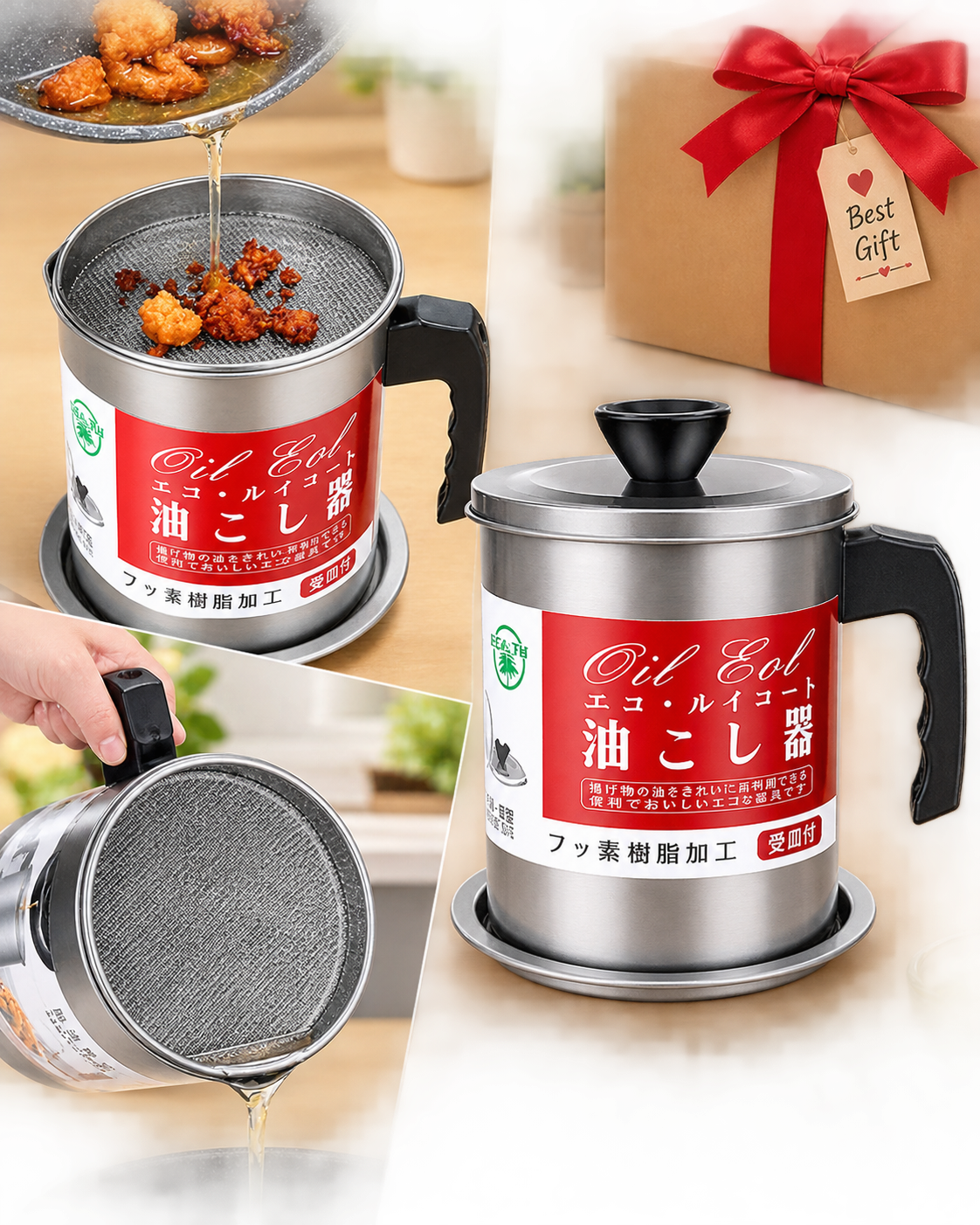 Stainless Steel Strainer Oil Filter Pot Reusable Cooking Oil Storage & Filtering Container
