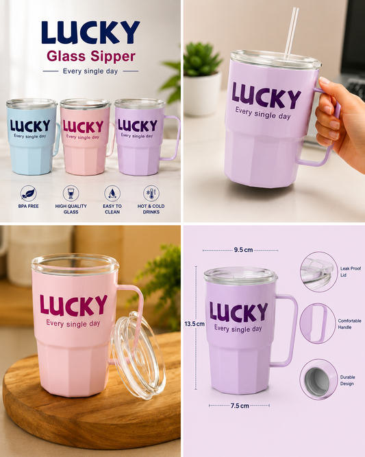Lucky Glass Sipper with Lid & Straw | BPA-Free Reusable Drinking Cup for Hot & Cold Beverages