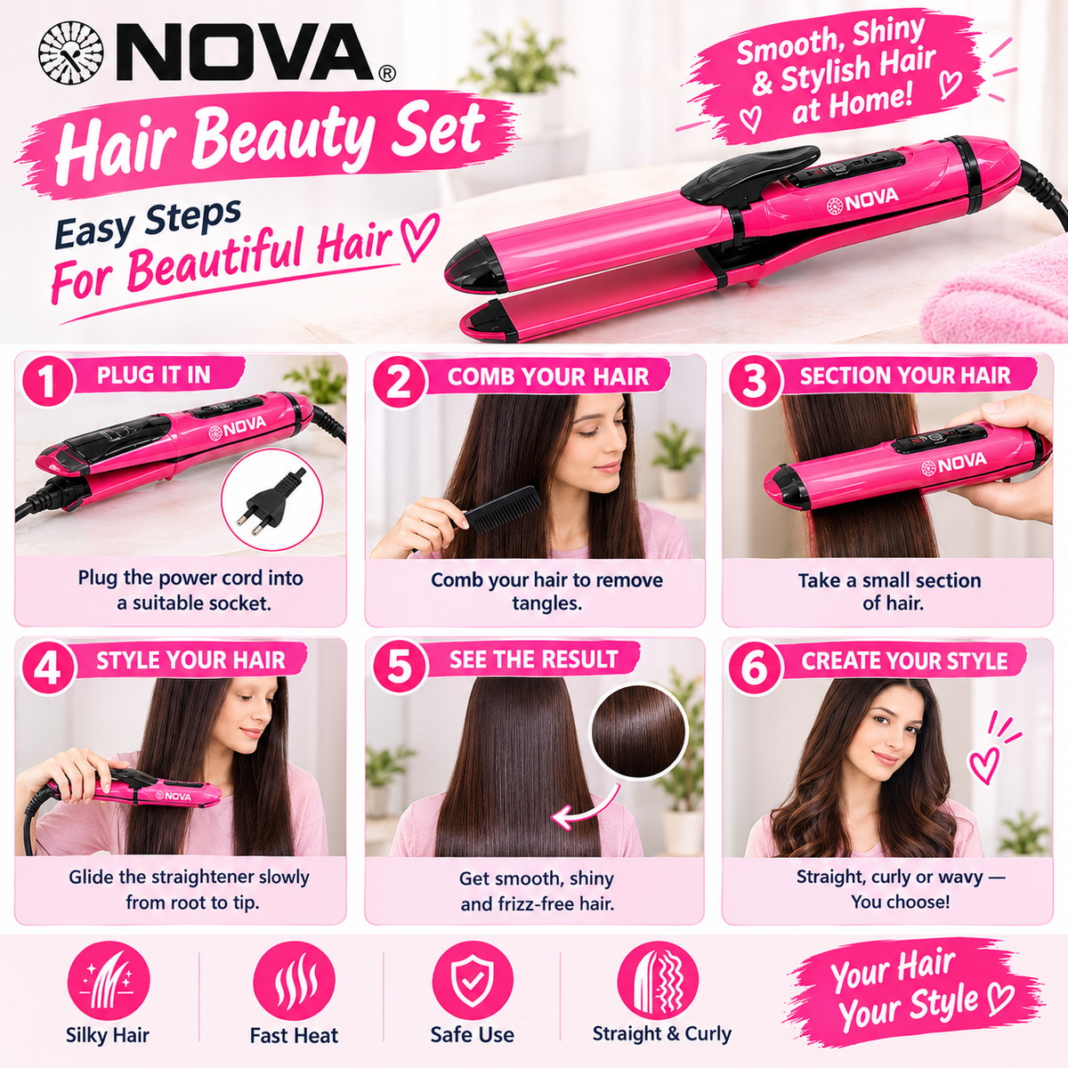 NOVA 2-in-1 Hair Straightener & Curler – Pink Hair Styling Iron