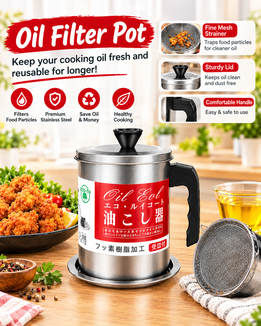Stainless Steel Strainer Oil Filter Pot  Reusable Cooking Oil Storage & Filtering Container