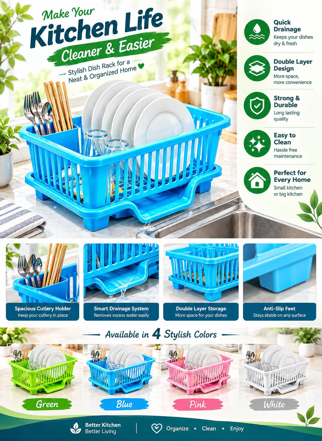2-Tier Dish Drying Rack with Drainage Tray – Kitchen Dish Organizer
